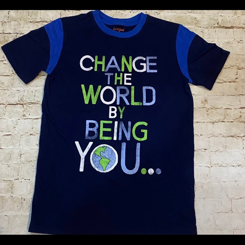 Kids tee shirt blue Change the world